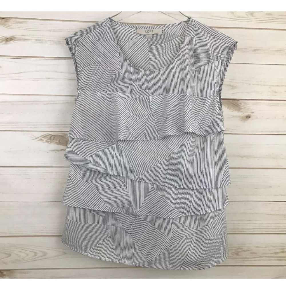Ann Taylor LOFT Tiered Ruffle Blouse White Blk XS